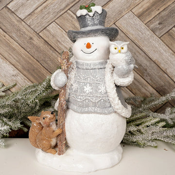 LED Dusty Blue Snowman With Animals - Christmas Place