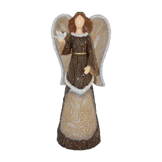 Carved Brown Angel With Bird - Christmas Place