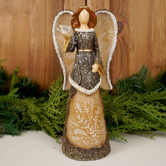 Carved Brown Angel With Bird - Christmas Place