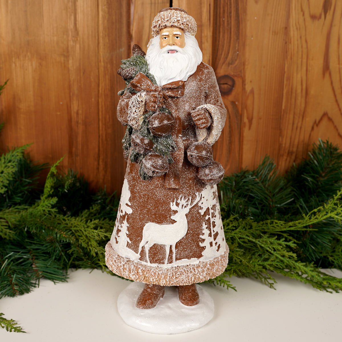 13.9IN WOODLAND SANTA WITH BELLS - Christmas Place