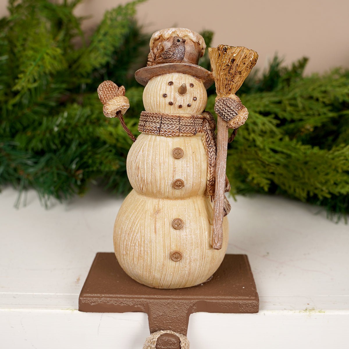 7IN CARVED WOOD SNOWMAN STOCKING HOLDER/2 - Christmas Place
