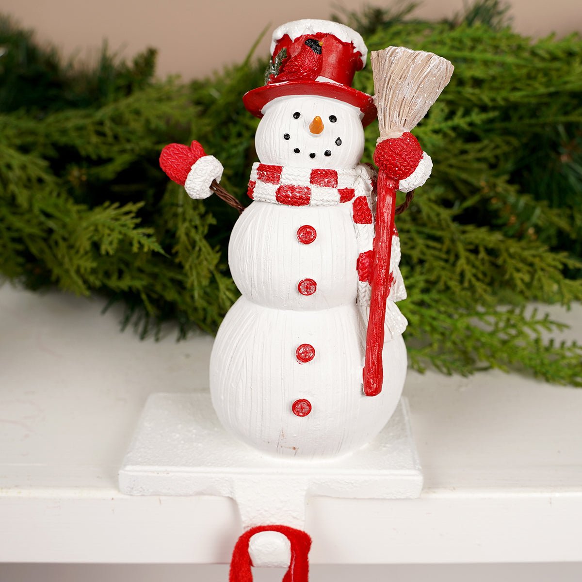 7IN RED WHITE SNOWMAN WHITE STOCKING HOLDER/2 - Christmas Place