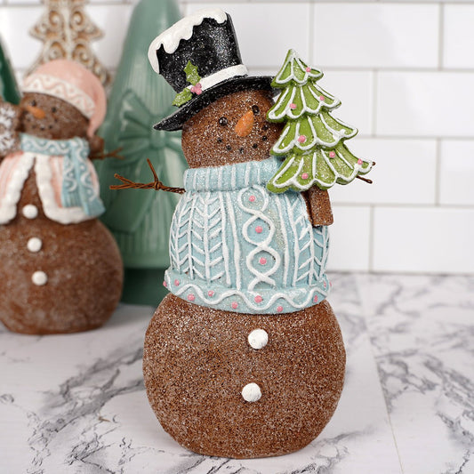 Gingerbread Snowman Set Of 2 Figurines Blue Top - Christmas Place