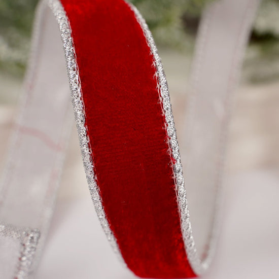 1Inch Red Velvet Metallic Silver Ribbon - Christmas Place