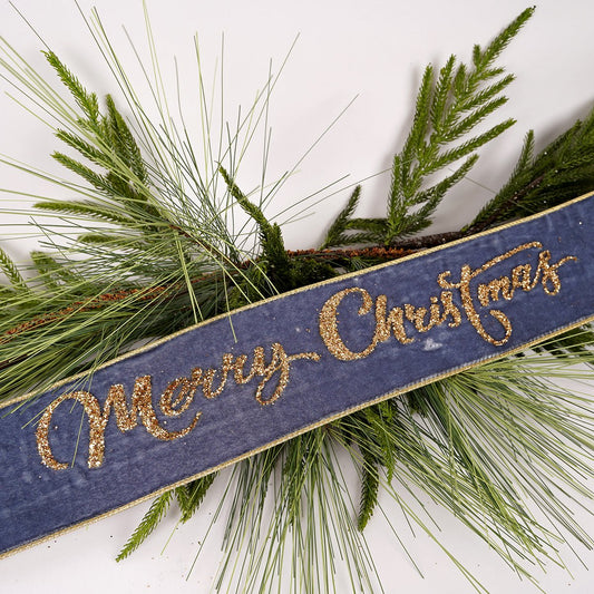4Inch Dusty Blue Merry Christmas Velvet Ribbon - Christmas Place