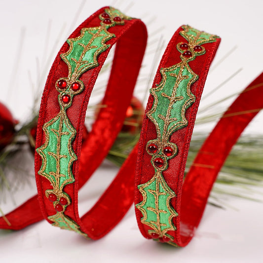 Red Metallic Dupion Jewel Holly Ribbon - Christmas Place
