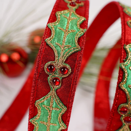 Red Metallic Dupion Jewel Holly Ribbon - Christmas Place