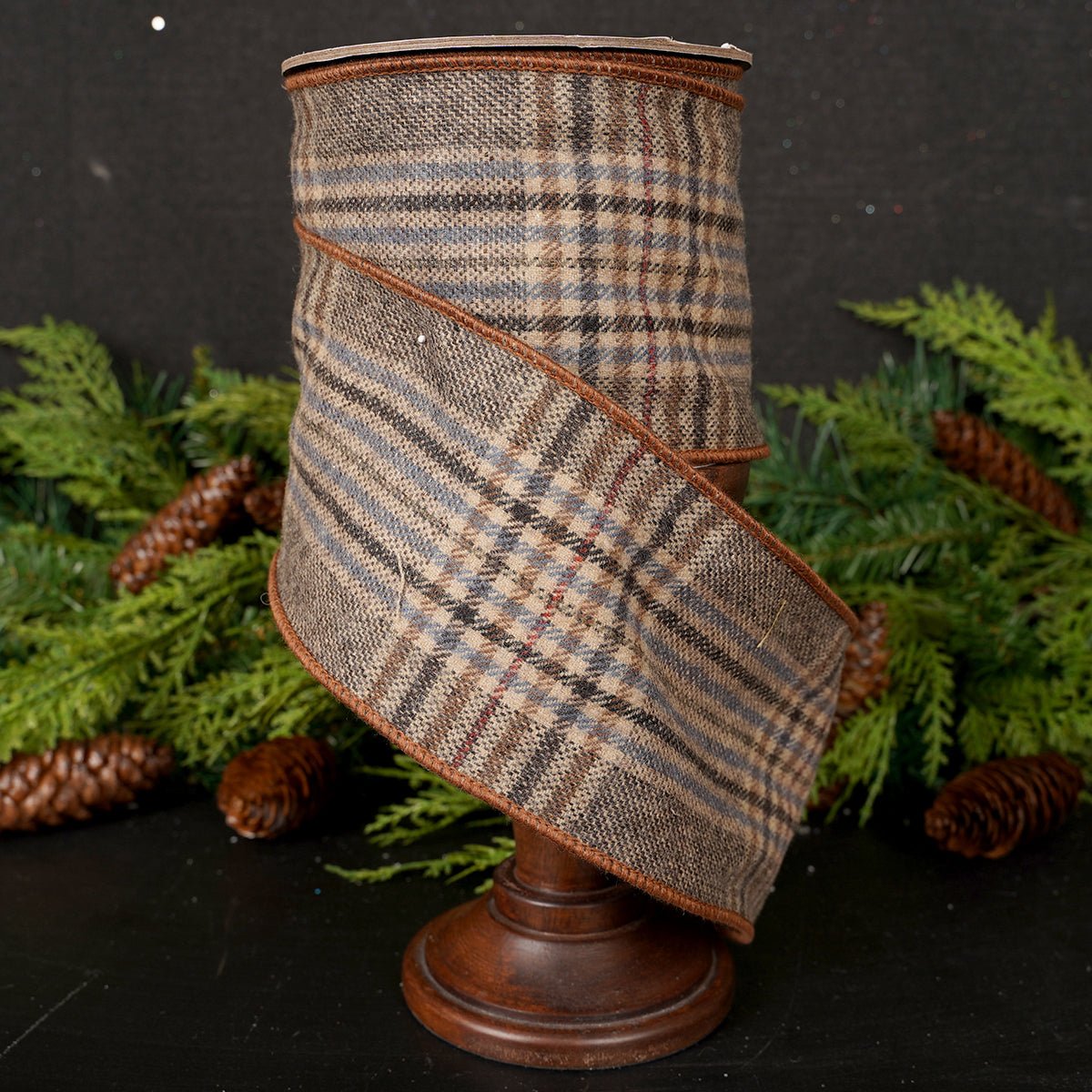 4Inch Brown Cream Navy Faux Wool Plaid Ribbon - Christmas Place