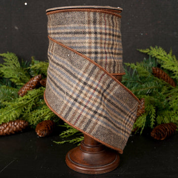 4Inch Brown Cream Navy Faux Wool Plaid Ribbon - Christmas Place