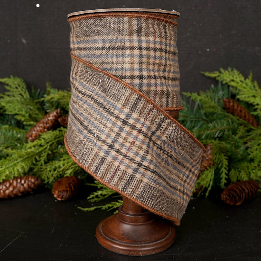4Inch Brown Cream Navy Faux Wool Plaid Ribbon - Christmas Place