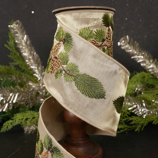 4Inch Gold Pine Branch Cones Ribbon - Christmas Place