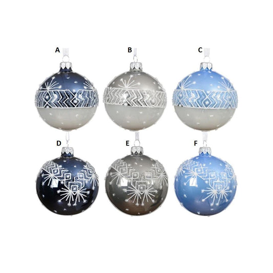 Glass Blue White Silver Folk Border Ball Ornament