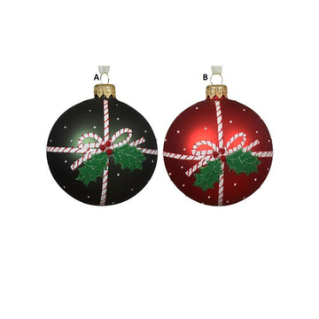 Glass Red Green Holly Bow Ball Ornament