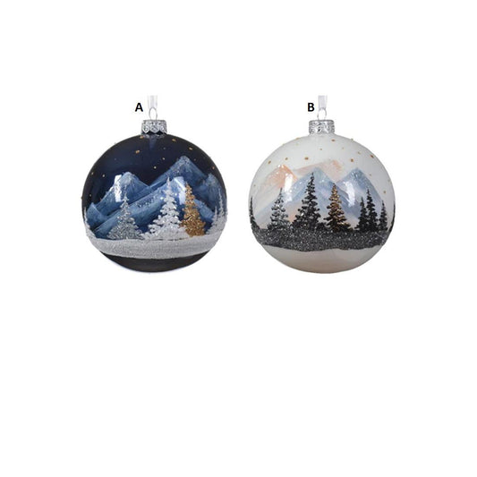 Glass Blue White Tree Scene Ball Ornament