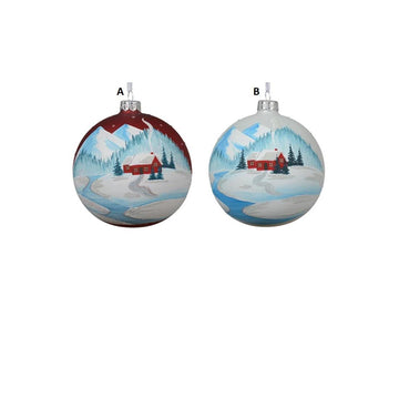 Glass Red White Winter Cabin Ball Ornament