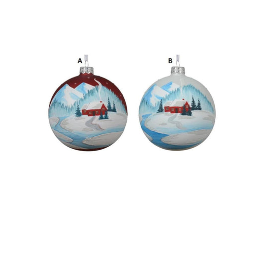 Glass Red White Winter Cabin Ball Ornament