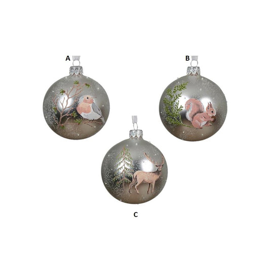 Glass Silver Forest Animal Ball Ornament
