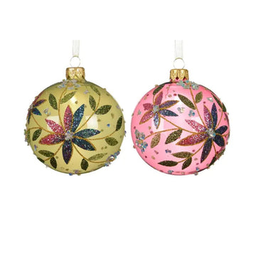 Yellow Pink Glitter Flower Ball Ornament - Christmas Place