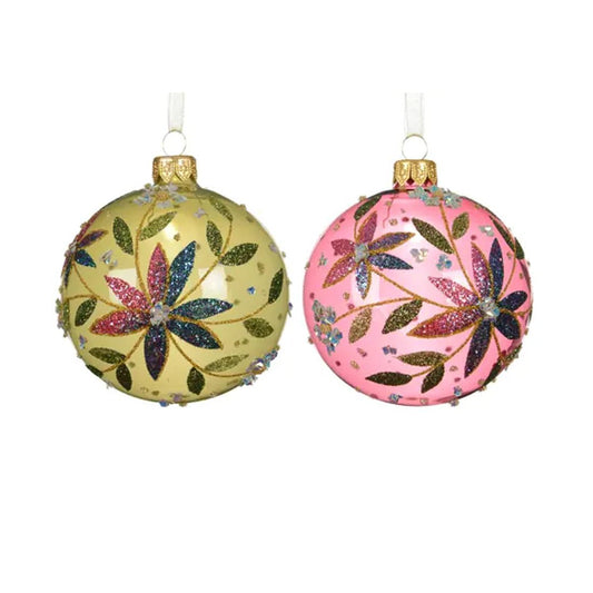 Yellow Pink Glitter Flower Ball Ornament - Christmas Place