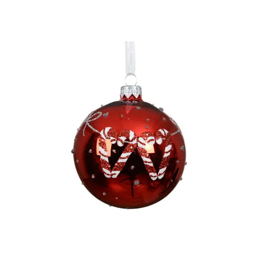 GLASS CHRISTMAS RED CANDY CANE BALL ORNAMENT