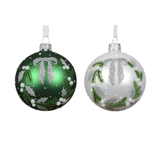 Glass White Green Wreath Ball Ornament - Christmas Place