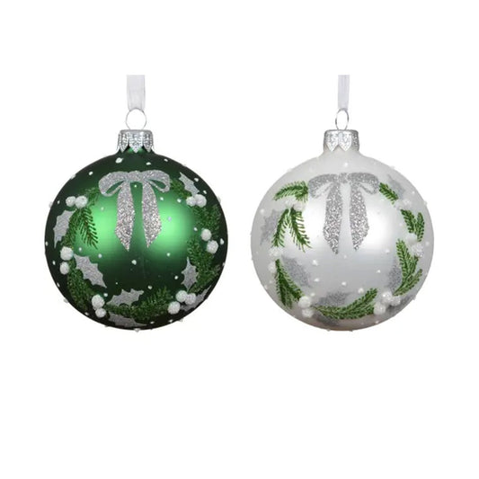 Glass White Green Wreath Ball Ornament - Christmas Place