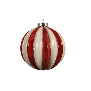 Glass Red White Stripe  Rib Glitter Ball Ornament X3