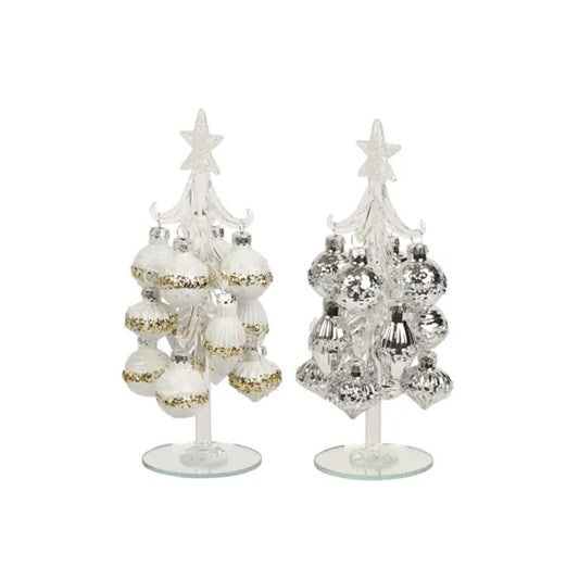 8Inch White Silver Glass Tree With Ornaments - Christmas Place
