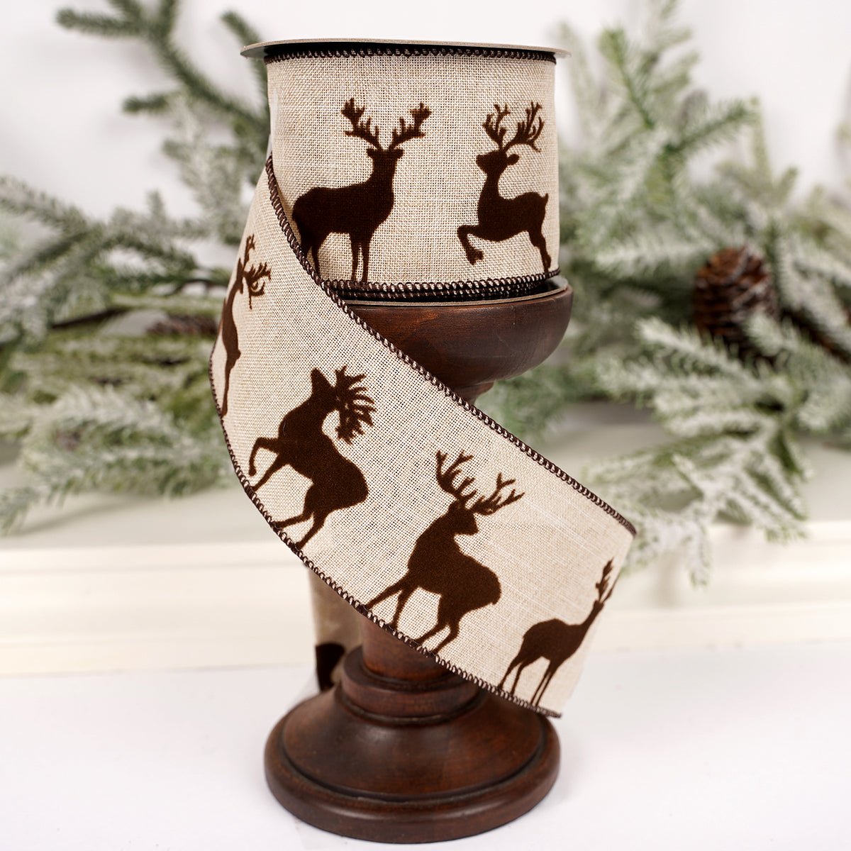 2.5Inch Brown Flock Deer Ribbon - Christmas Place