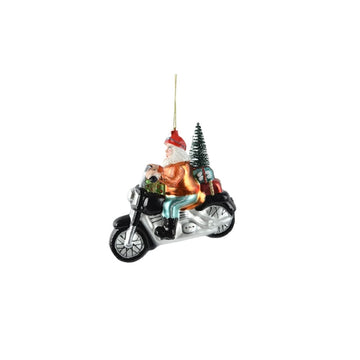 Glass Santa On Motorcycle Ornament
