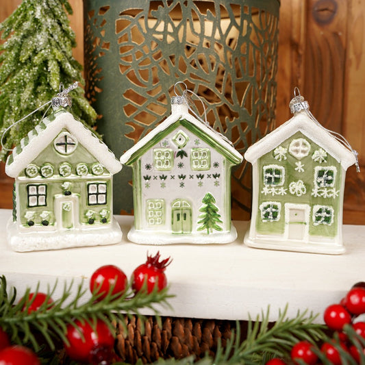 Glass Green White House Ornament - Christmas Place
