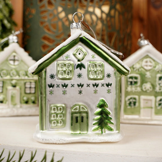 Glass Green White House Ornament - Christmas Place