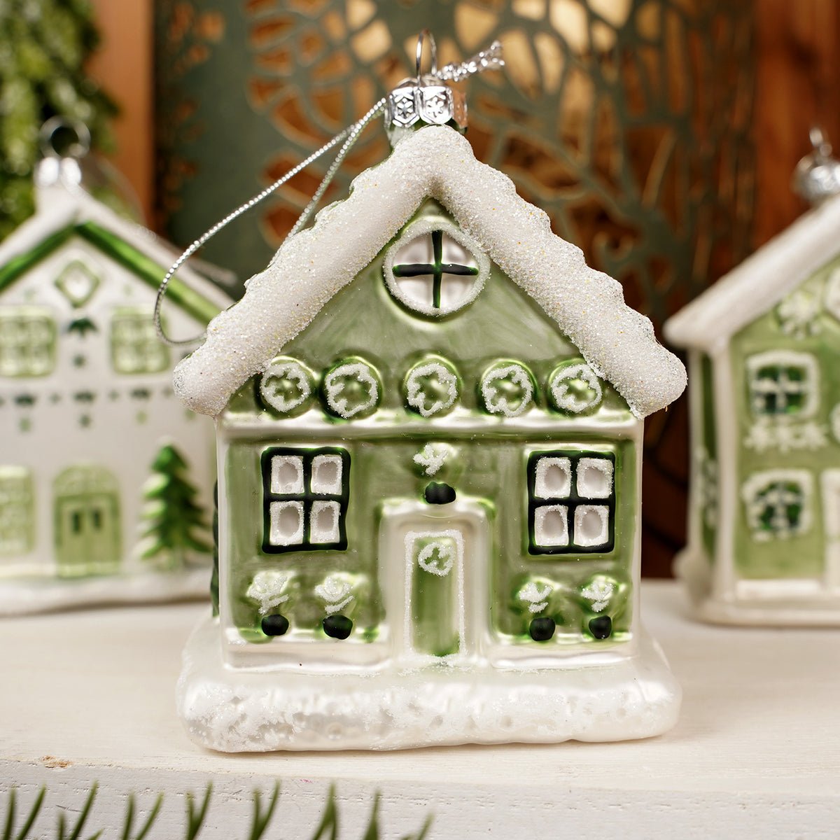 Glass Green White House Ornament - Christmas Place