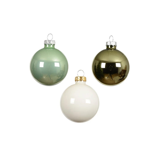 Glass Green White Gold Ball Ornament Set of 16