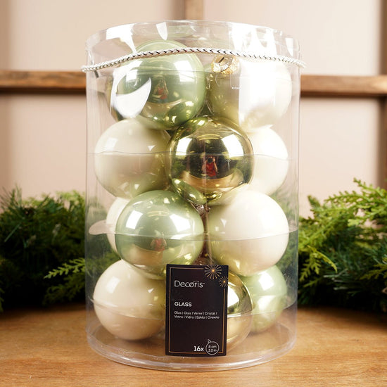 Glass Green White Gold Ball Ornament Set of 16 - Christmas Place
