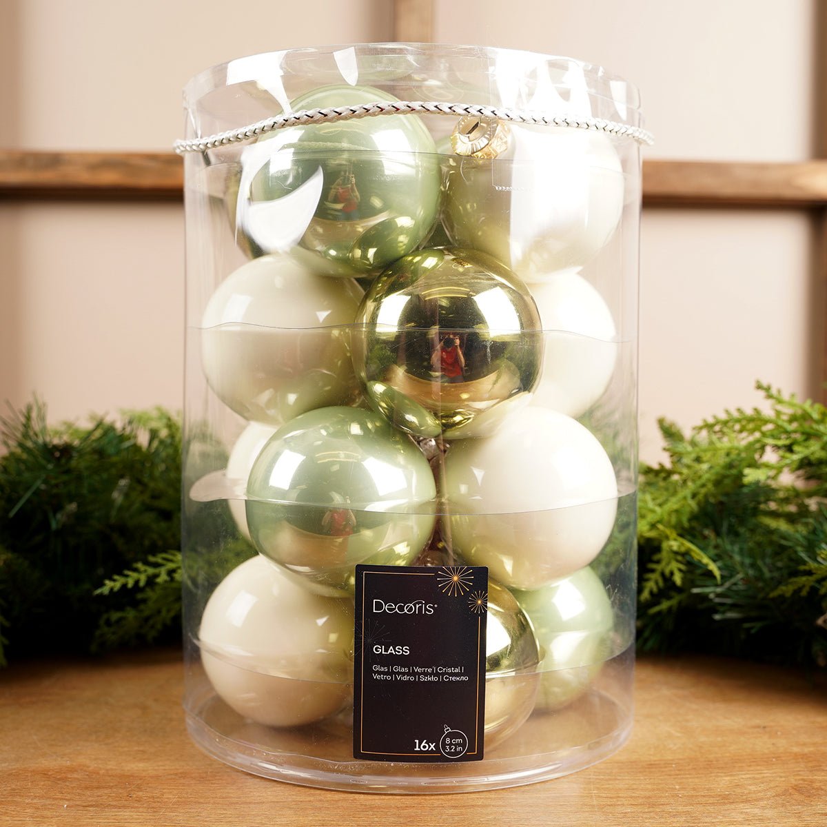 Glass Green White Gold Ball Ornament Set of 16 - Christmas Place