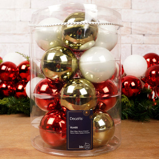 Glass Red Gold White Ball Ornament Set of 16 - Christmas Place