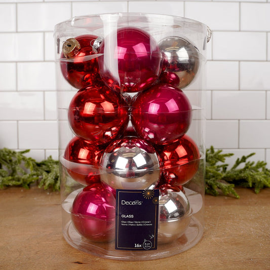 Glass Red Hot Pink Silver Ball Ornament Set of 16 - Christmas Place