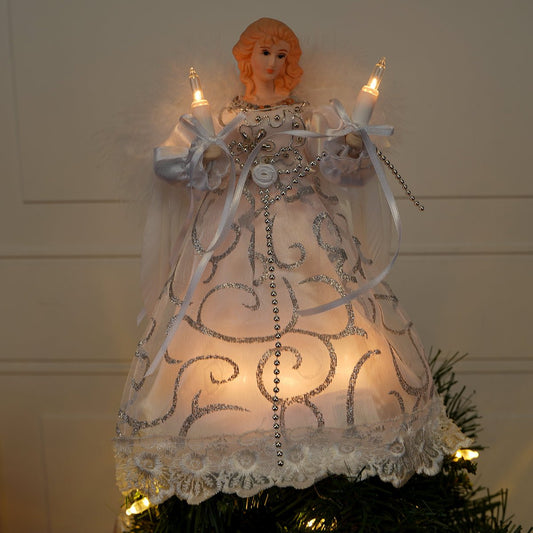 Silver and White Angel Tree Topper - Christmas Place