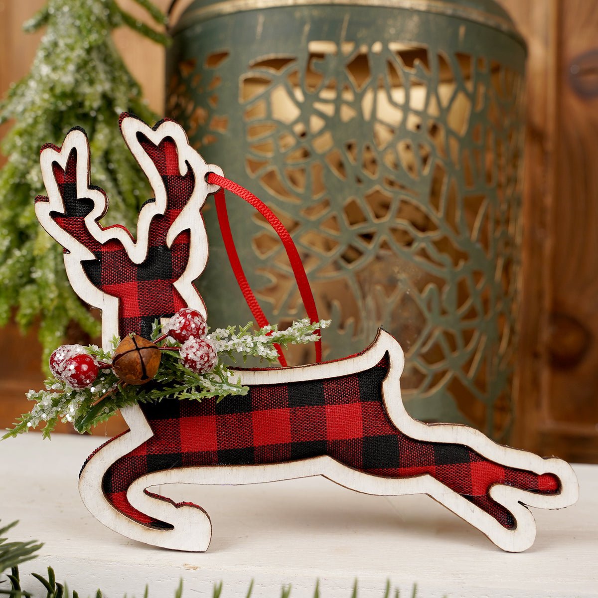 Red Black Plaid Reindeer Leaping Christmas Decoration - Christmas Place