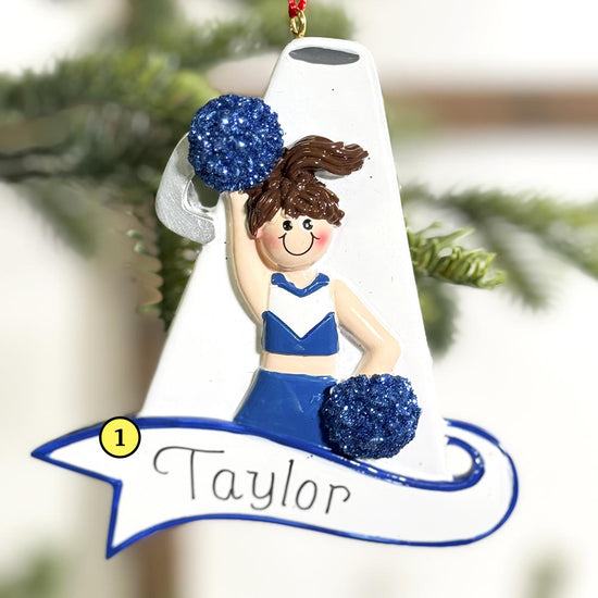 Blue Cheerleader Ornament Brown Hair - Christmas Place