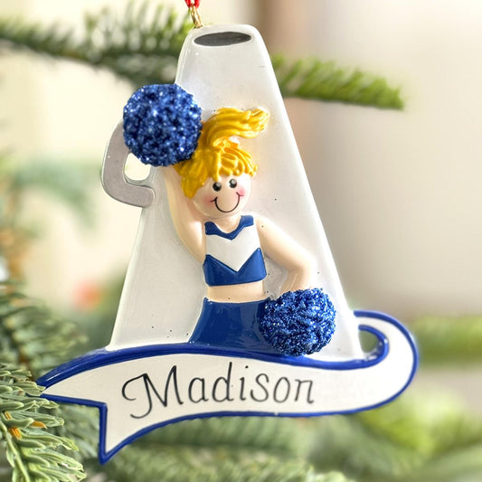 Blue Cheerleader Ornament Blonde Hair