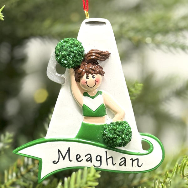 Green Cheerleader Ornament Brown Hair - Christmas Place