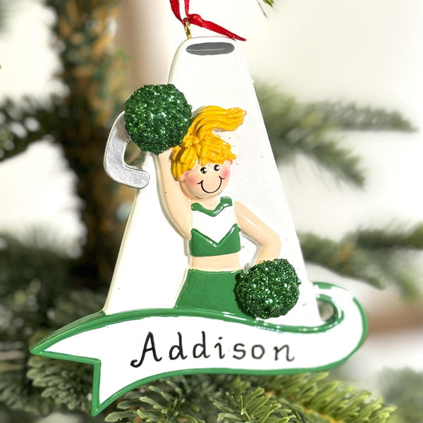 Green Cheerleader Ornament Blonde Hair - Christmas Place