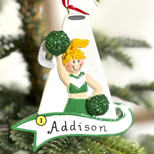 Green Cheerleader Ornament Blonde Hair