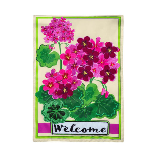 Pink Geranium Welcome Garden Flag