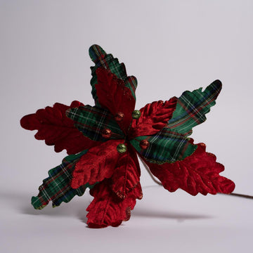 13 Inch Traditional Green Plaid Velvet Poinsettia