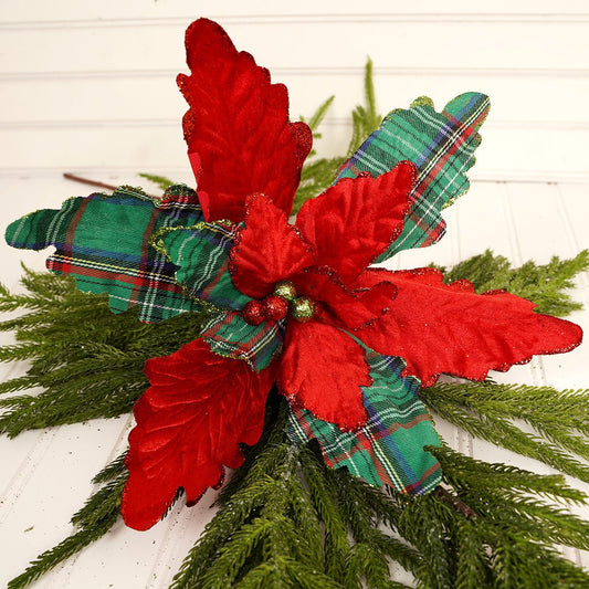 13 Inch Traditional Green Plaid Velvet Poinsettia - Christmas Place