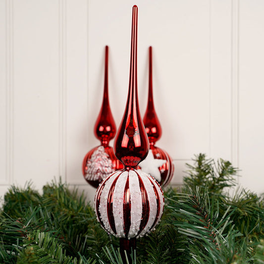 Glass Red White Finial Tree Topper - Christmas Place