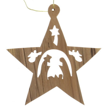 Olive Wood Star with Nativity Ornament
